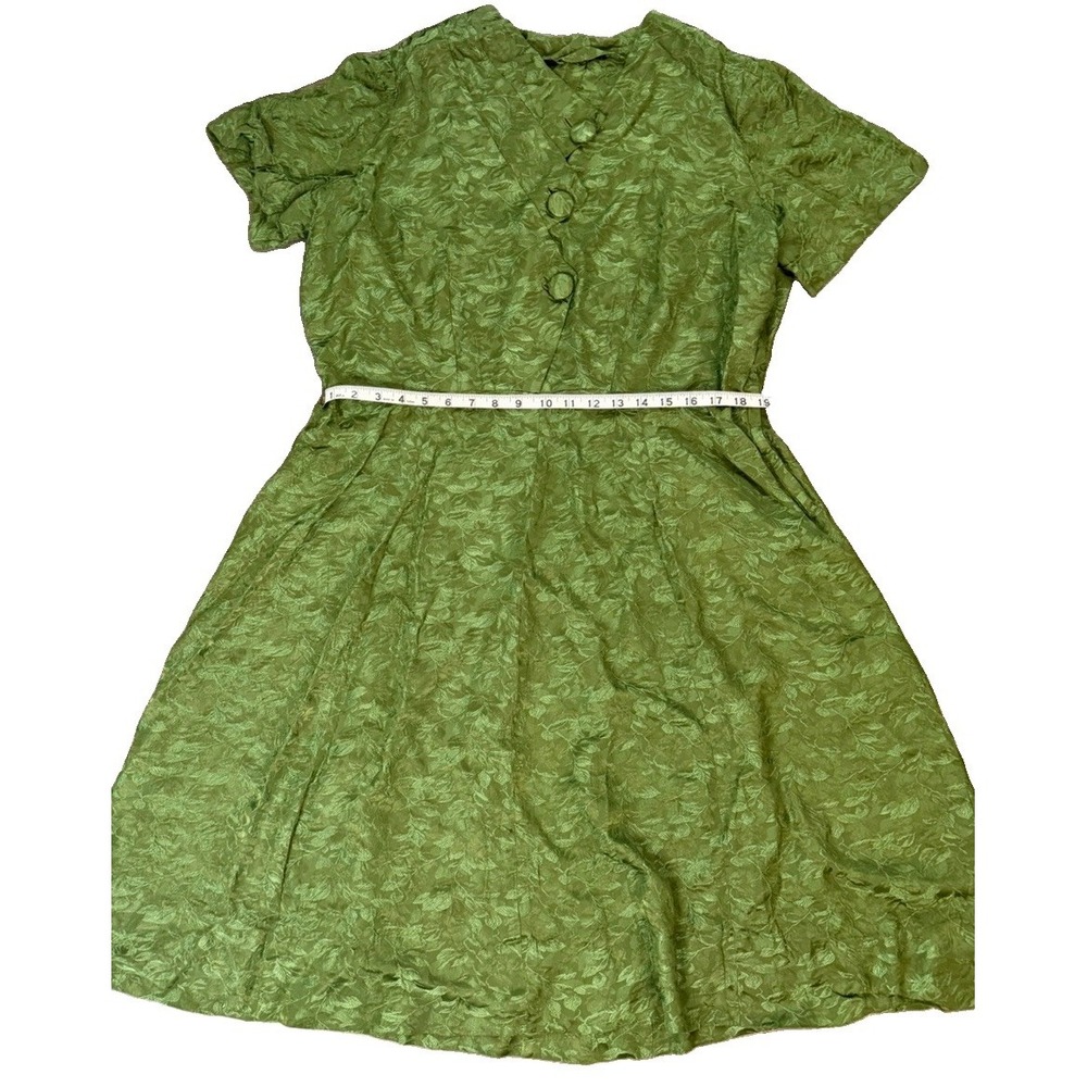 Vintage Green Jacquard Fit & Flare Dress Leaf Print Covered Buttons XL - Picture 4 of 7